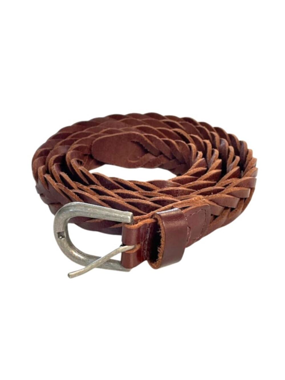 Find. Leather Braided Brown Belt Silver Buckle Size L Cognac Country Preppy